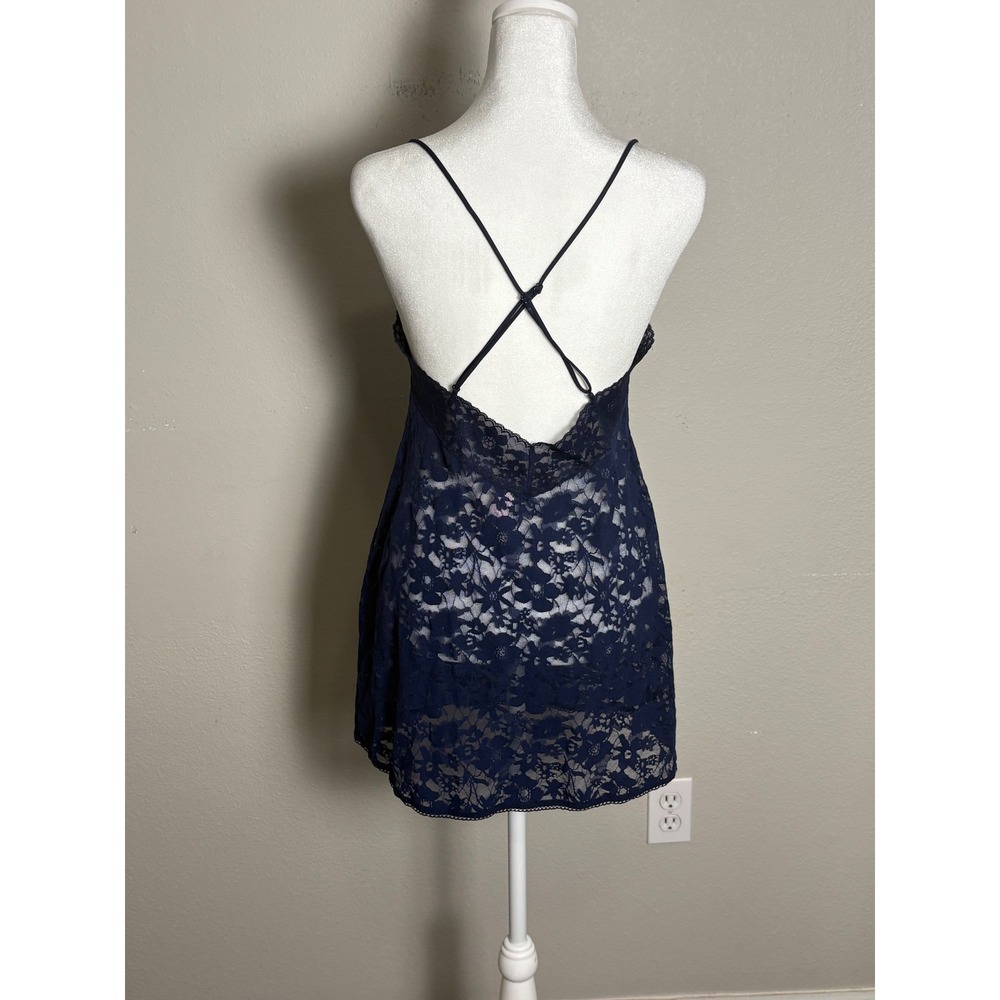 Victoria's Secret Navy Blue Floral Lace Cross Back Slip Dress Chemise Nightgown - Picture 4 of 5